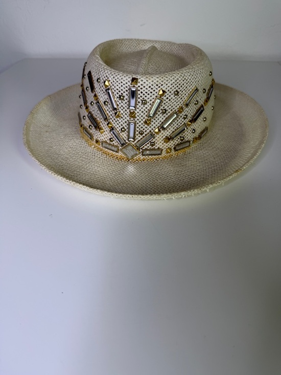 Accessories - Vintage Embellished Straw Panama Hat - Cream